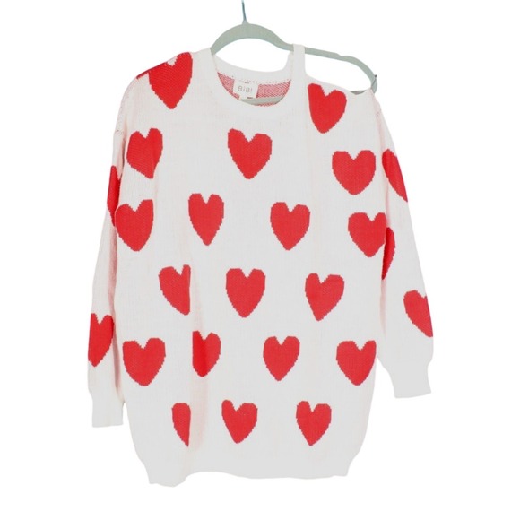 BiBi Sweaters - NWT BIBI Mid-Weight WHITE w/RED HEARTS Valentine COLD-SHOULDER Knit Sweater L